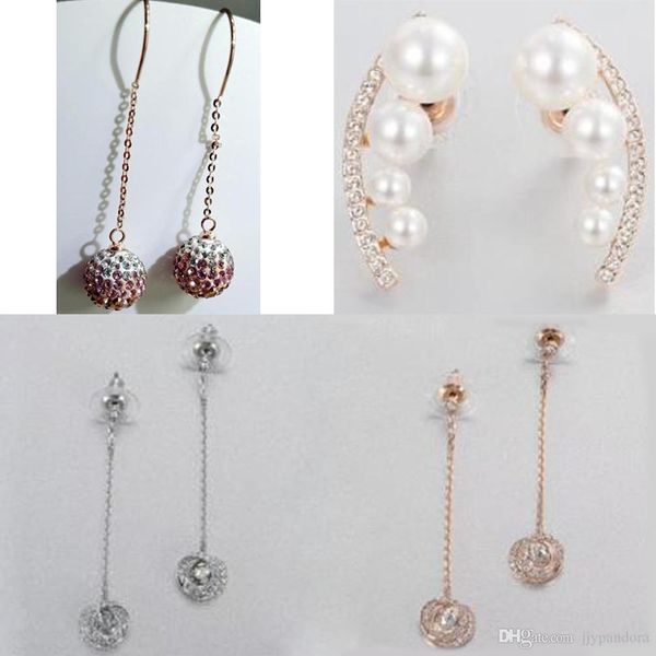 

fahmpandora swa gradient gemstone сферическая розовое золото pearl fringe перфорированные обруча длинные серьги добавляет женственная элеган, Black