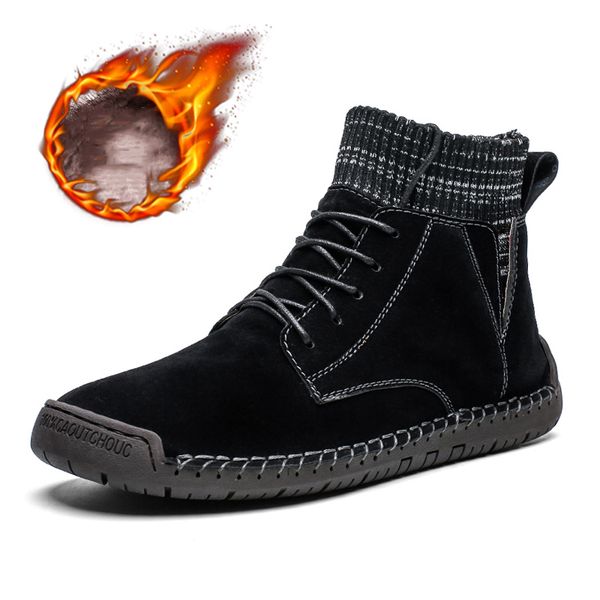 

plus size 48 genuine leather men snow boots winter warm men boots lace-up male ankle waterproof autumn man work shoes, Black