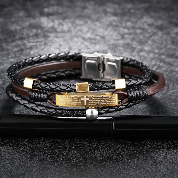 

fashion vintage jesus christia cross stainless steel leather bracelet men multilayer woven wristband magnet black wrap bracelet, Golden;silver