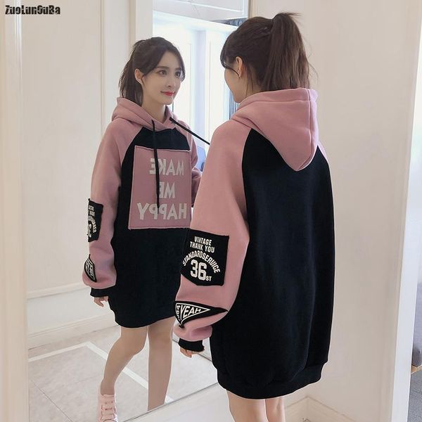 

autumn winter clothes casual fleece loose long sleeve patchwork long pullover dropship hooded hoodies women sweatshirt thick, Black