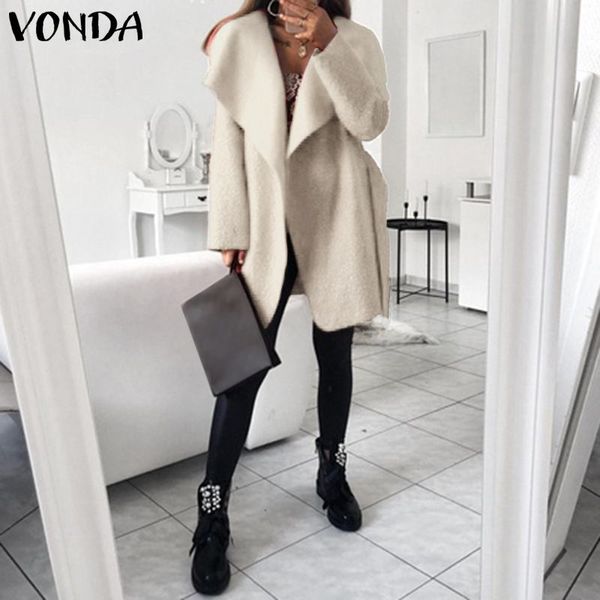 

vonda women coat lapel neck belted fuzzy teddy bear jackets 2019 autumn long coat warm winter outerwear streetwear plus size, Black;brown