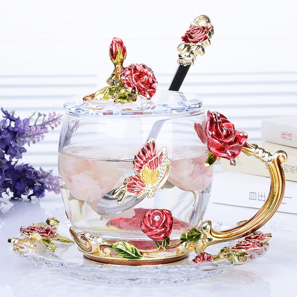 

rose blossom and rhinestones decorated enamel coffee cup mug flower tea glass milk cups alloy handgrip cups and mugs gift