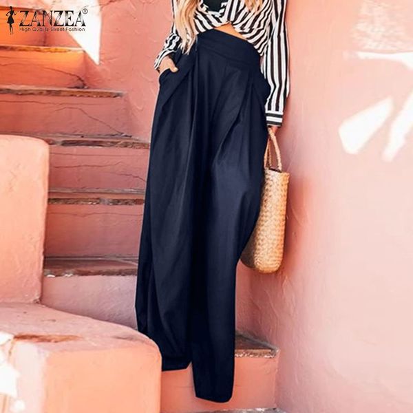 

zanzea 2020 fashipn long trousers lady solid baggy women high waist wide leg pants casual pockets back zipper up streetwear 5xl, Black;white