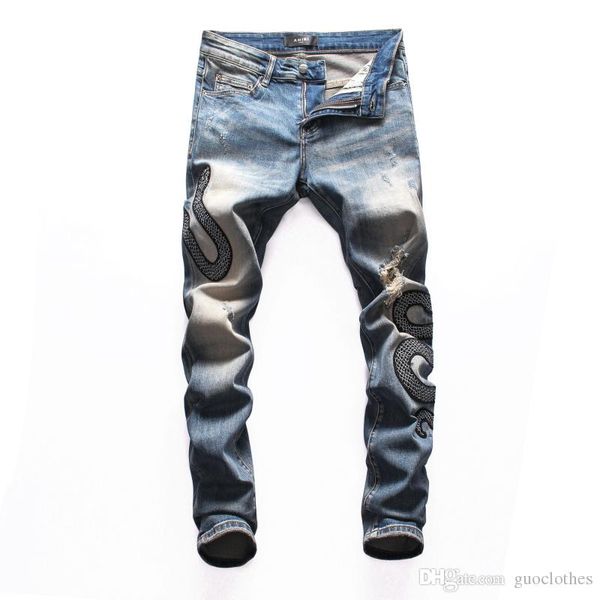 

new designer mens jeans skinny pants casual luxury jeans men fashion distressed ripped slim motorcycle luxury jeans denim hip hop pants, Blue