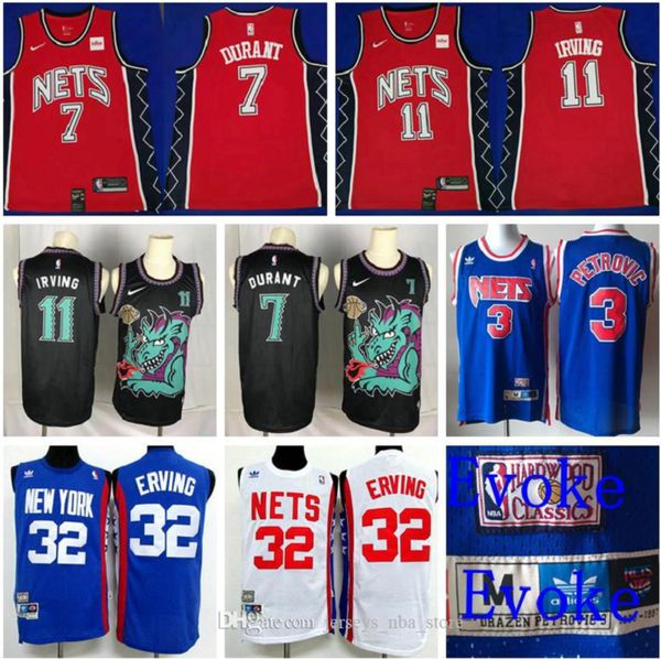 

new vintage 11 kyrie irving brooklyn nets retro 7 kevin durant 32 julius erving 3 petrovic nba swingman basketball jerseys 0, Black;red