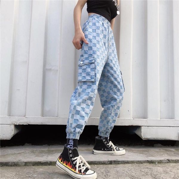 

harajuku plaid pant jeans women men loose pants outwear fashion high waist pockets cargo pants blue streetwear