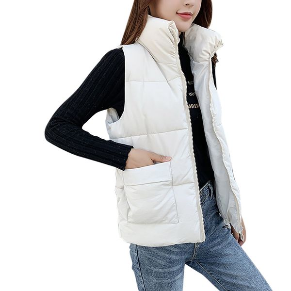 

casual solid cotton vest coat women windproof sleeveless zipper pocket waistcoat warm vest female 2019 women's clothing, Black;white