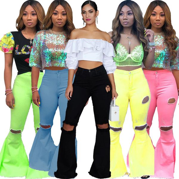 

fashion ladies bell bottoms pants womens ripped hole skinny high waist long denim cotton flare trousers for female 5 colors 6 sizes, Black;white