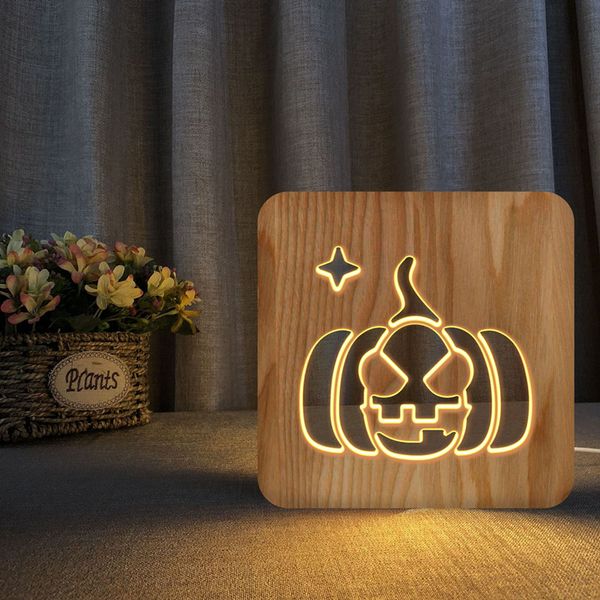 Halloween Pumpkin Night Light criativa Madeira Artesanato decoração do quarto cabeceira Luz Decor Nightlight USB Desk Tabela presente das crianças Lamp