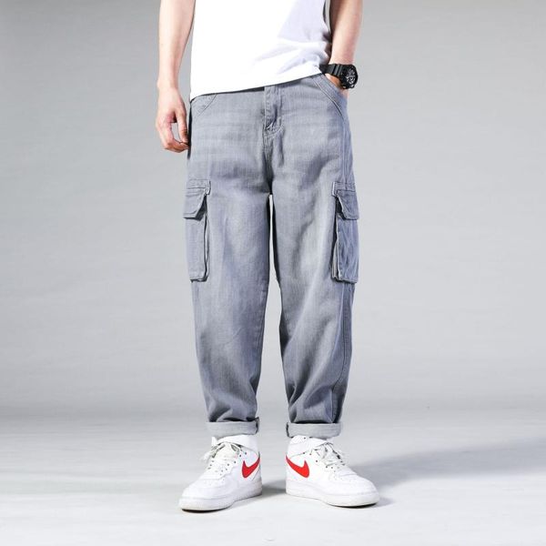 

gray men stretch jeans pants multi-pockets hip hop harem trouser male american style fashion streetwear cargo denim pant rm50228, Blue
