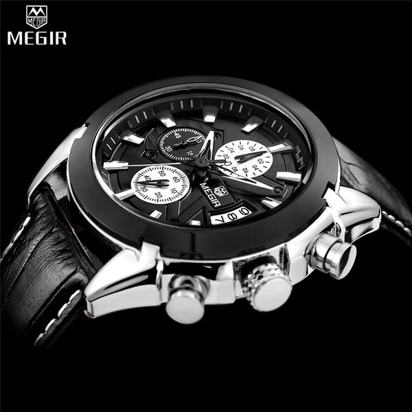 

megir men watch chronograph waterproof sport male clock leather army wristwatch relogio masculino 2020, Slivery;brown