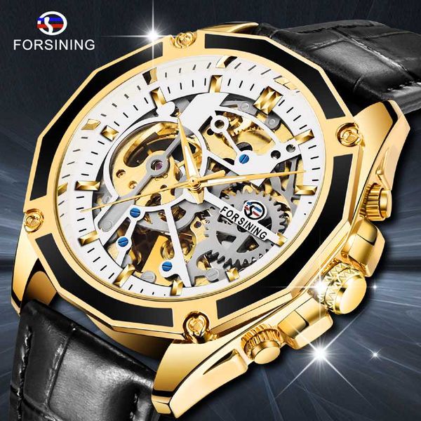 

forsining hollow engraving skeleton casual black leather golden case gear bezel watches men automatic watches, Slivery;brown