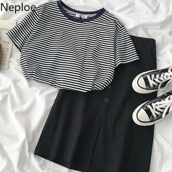 

neploe 2 шт. набор женщин полосатый o шеи с коротким рукавом футболки + эластичный пояс однобортный линия юбки модные костюмы 1b968, White