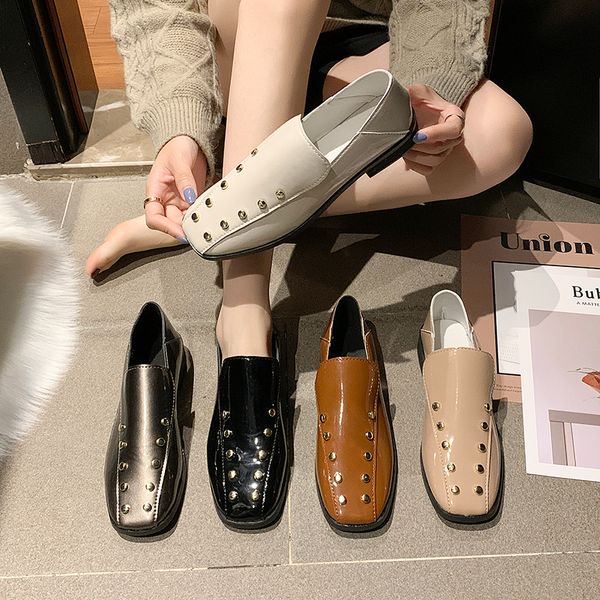 

rivets square toe solid leather flats brief casual all match college student shoes slip on comfy single loafers soft moccasins, Black