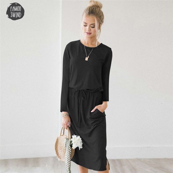 

o neck long sleeve dress women lace up elastic waist solid spring autumn dress female shirt solid dress midi vestidos, Black;gray