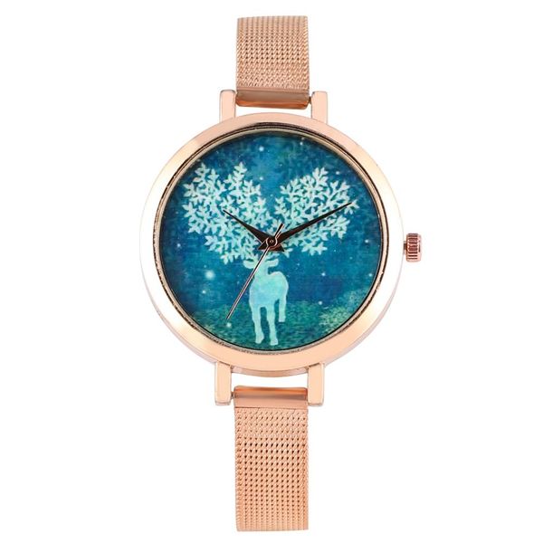 

adorable pink purple band bright gold case watch for girls, exquisite gold band watches, adorable blue elk of dial wristwatch, Slivery;brown
