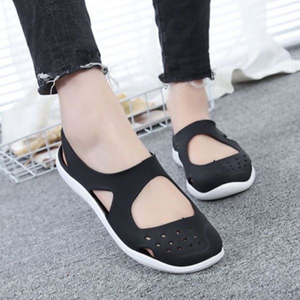 

summer sandals women solid jelly beach shoes flat porous shoes baotou platform 2020 new style women's, Black