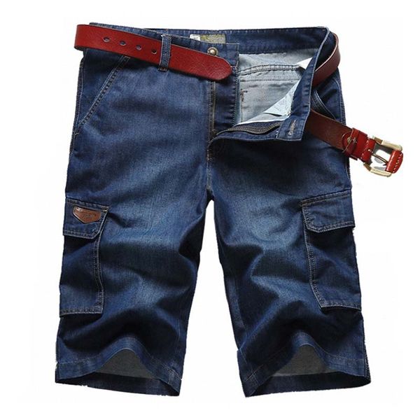 

mcikkny summer men cargo casual jeans shorts multi pockets business solid color denim shorts for male size 29-42, Blue