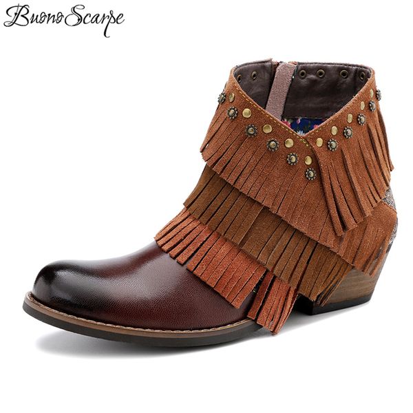 

women ankle boots cossacks tassels leather boots western cowboy botas mujer metal decoration rivets short designer shoes, Black