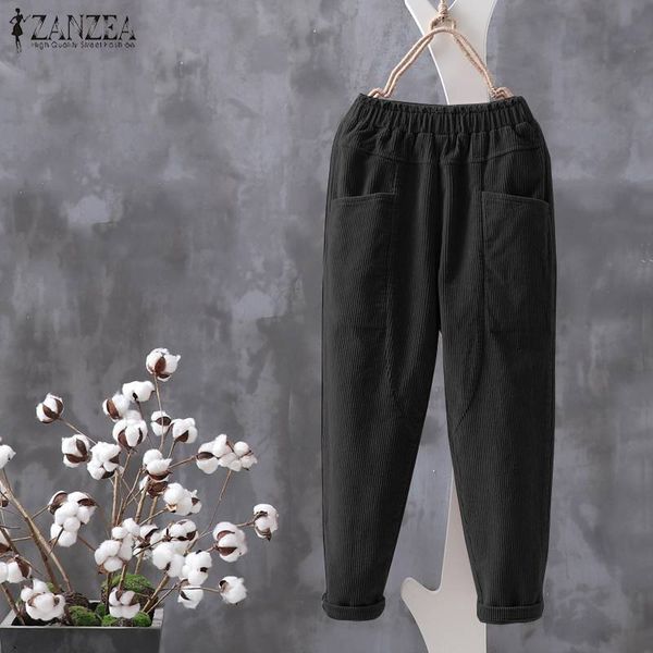 

casual corduroy harem pants women's solid cropped trousers zanzea 2020 spring elastic waist long pantalon female palazzo s-5xl, Black;white