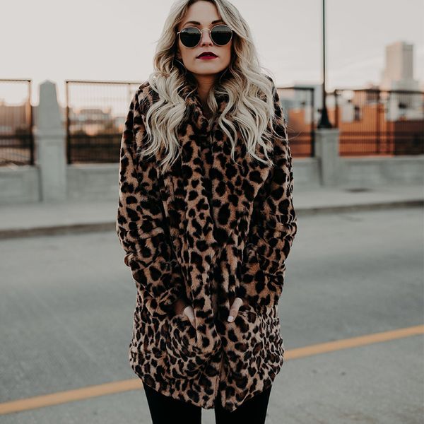 

women winter thick coat faux fur jackets female leopard print warm outwear for ladies 2018 fashion long fake fur overcoats, Black