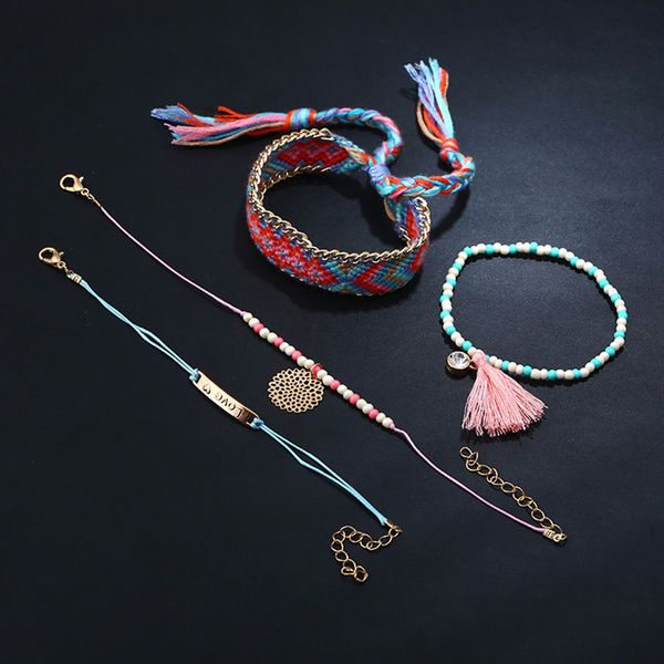 

4 pcs/set boho tassels bracelet colorful braided ethnic adjustable zinc alloy new bracelets bangles gifts for women friends, Black
