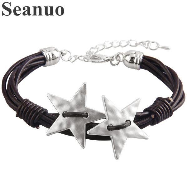 

charm bracelets seanuo hand-woven multilayer black pu leather bracelet for men punk fashion women stars fish-hook wristband cuff, Golden;silver