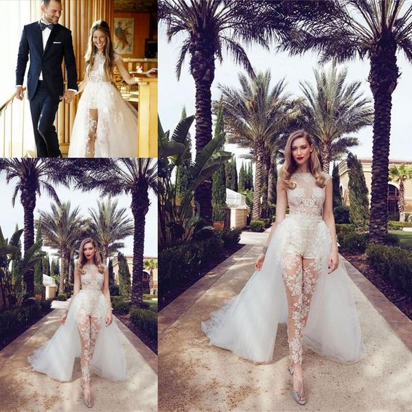 

Country Style Wedding Dresses With Detachable Train Lace Appliques Cap Sleeves Tulle Overskirt Wedding Dress Illusion Jumpsuits Bridal Gowns