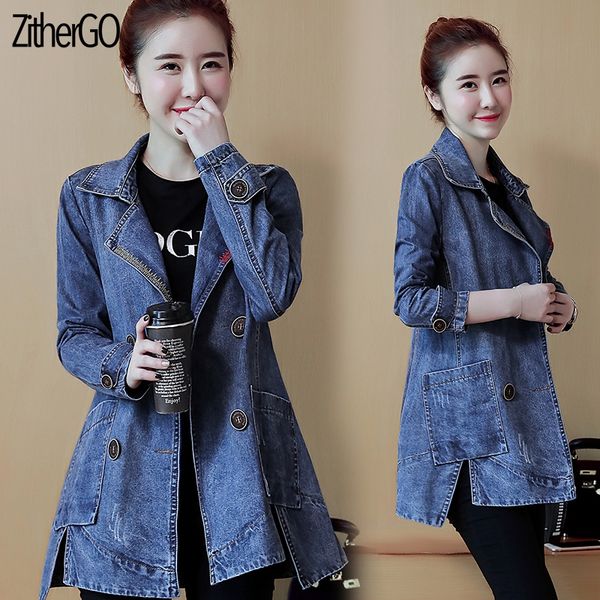 

2019 zithergo women fashion denim jacket large lapel single-breasted denim windbreaker plus size loose coats, Black;brown