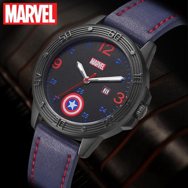 

marvel avengers captain america boy super hero dream gift calendar luminous hands waterproof watch child love leather clock pzjby, Blue