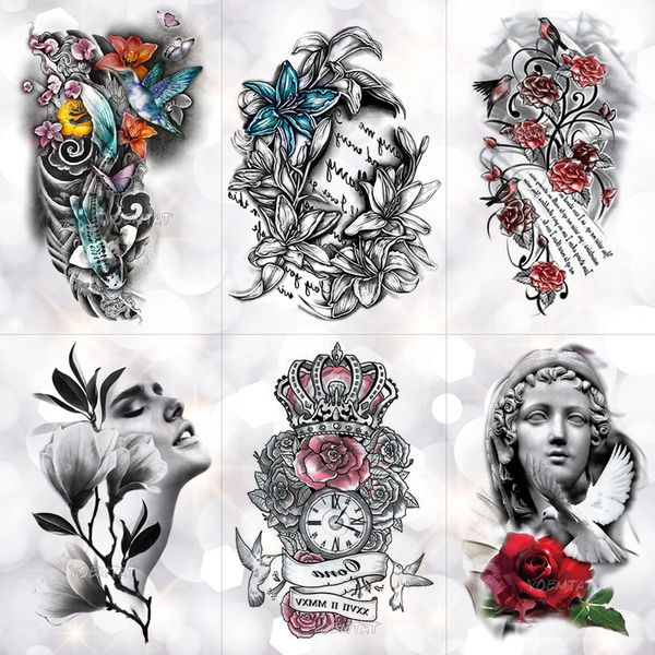 Acheter Amour Couronne Rose Fleur De Lys Bleu Imperméable à Leau Tattoo Temporaire Autocollant Pigeon Ange Flash Bras Tatouages Body Art Faux Tatoo