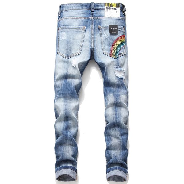

mens blue hole jeans patch mid waist washed slim fit pencil pants male high street trousers