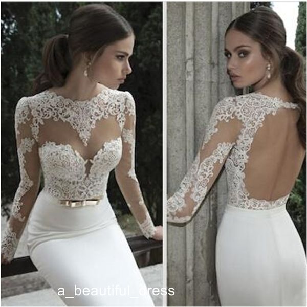 Neue Berta Bridal Meerjungfrau Abendkleider Jewel Neck Poet Langarm Illusion Sheer Applikationen Spitze Rückenfrei Formelle Kleider ED1214