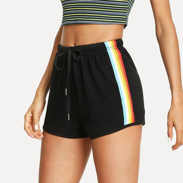 

ladies shorts womens shorts striped side drawstring shorts summer elastic waist athleisure women black mid waist sporting drop shipping, White;black