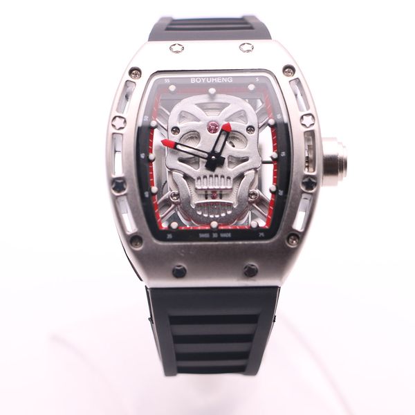 

boyuheng transparent движение white skull head циферблат кварцевые мужские часы 43mm смотреть rubber band red hands наручные часы, Slivery;brown