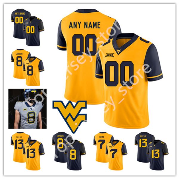 

custom west virginia mountaineers any name number blue yellow gray 7 will grier 32 martell pettaway 13 sills v wvu college football jersey, Black