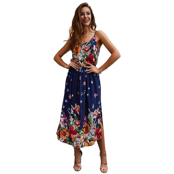 

original design women's summer new 2020 halter loose print floral plum-size dress, Black;gray