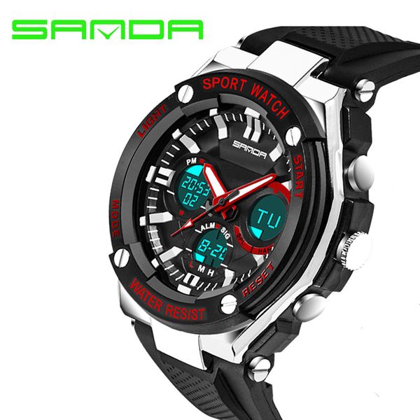 

sanda fashion sports watches men watches waterproof quartz led display analog digital wristwatches man watch relogio masculino, Slivery;brown