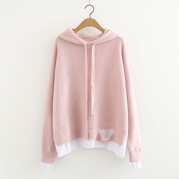 

women spring autumn patchwork sweatshirts sweet lace-up drop shoulder knitted hole hoodies female fake two pieces pullover, Black