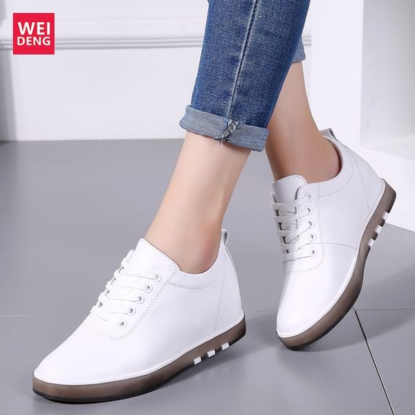 

weideng increase 6cm genuine leather casual ankle flat shoes woman platform boots leisure female loafers lace up light soft, Black