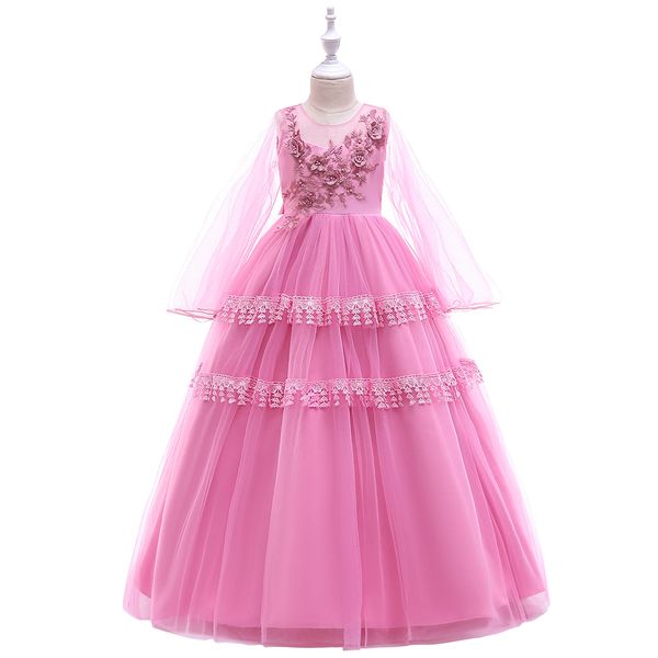 

floor length long illusion sleeves o neck tulle flower girls dresses beaded applique girl dress for wedding party, White;blue