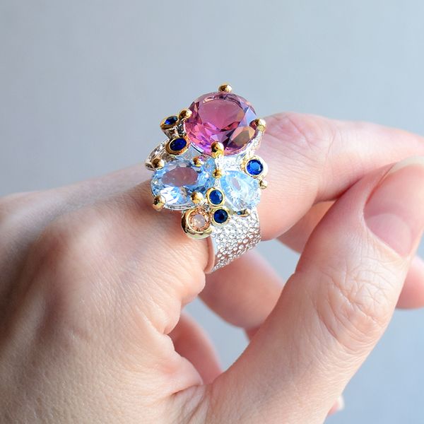 

large purple/lt blue zirconia ring silver plated jewellery beautiful shiny rings women latest fashion accessories, Golden;silver