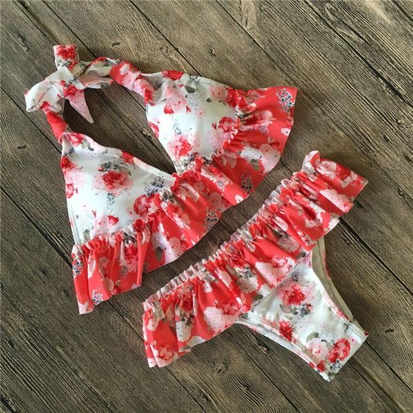 

floral printed bikini 2pcs bathing suits falbala swimwear tankinis lady beach swimsuit female bathing clothing summer women ruffle, White;black