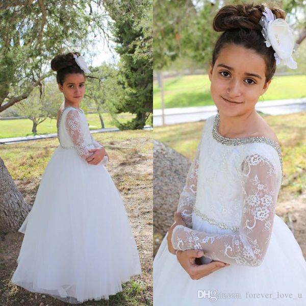 

princess floor length flowergirl dresses beaded neck backless illusion lace long sleeve tulle skirt vintage flower girl dress wedding, White;blue