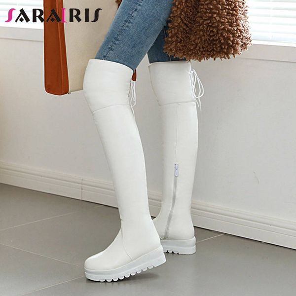 

sarairis new 34-43 elegant lace-up round toe boots ladies platform knee high boots women 2019 casual wedges shoes woman, Black