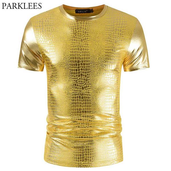 

snake pattern gold coated metallic tshirt men 2020 nightclub party prom t-shirt homme hip hop hipster streetwear camisetas, White;black