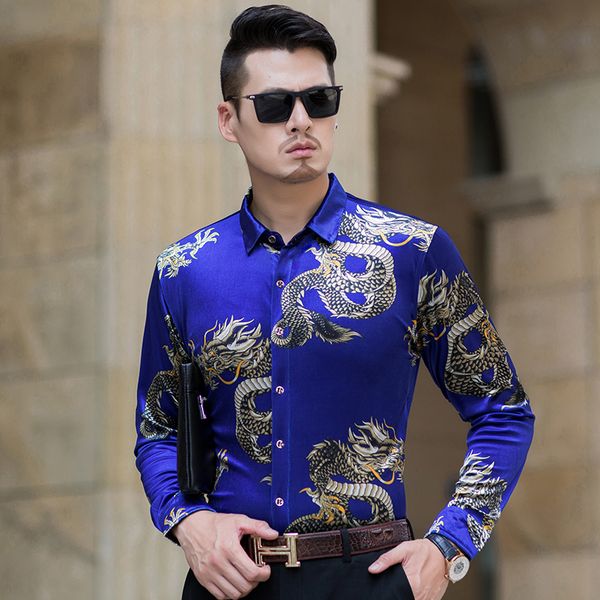 

mens slim fit formal long sleeve dress shirts floral animal printed party lapel plus size -4xl e56, White;black