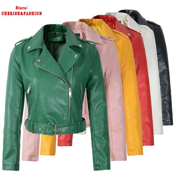 

2019 new fashion women spring autumn soft faux leather jackets lady motorcyle zippers biker green coats black outerwear sale