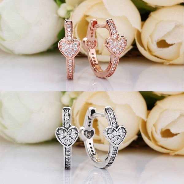 

authentic 925 sterling silver pave heart hoop earrings for women diy jewelry gift for wife mother daughter, Golden;silver