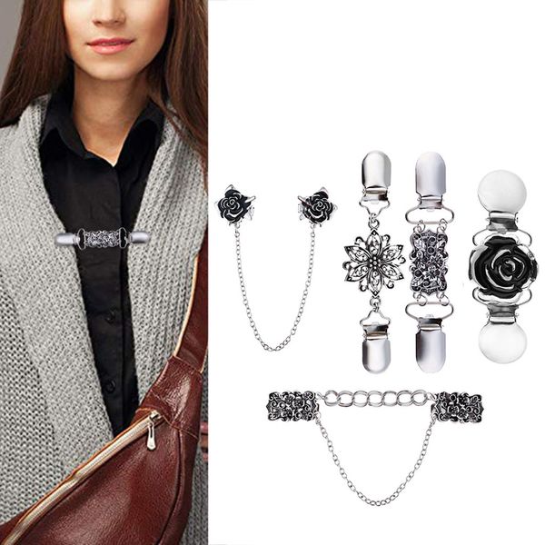 

women cardigan sweater blouse shawl brooch shirt collar retro duck clip clasps charm accessories gift carved flower jewelry##6, Silver;golden